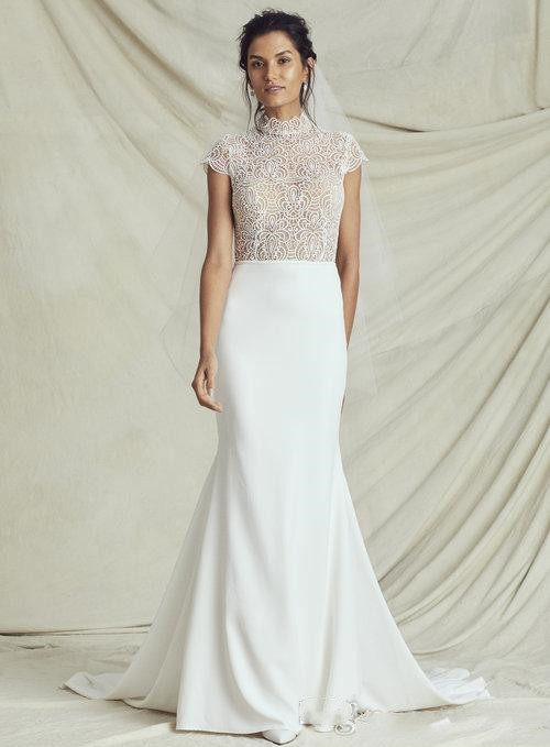 

Mermaid Dresses High Neck Lace Appliqued Sweep Train Beach Dress Custom Plus Size Satin Illusion Bridal evening Gowns, Gray