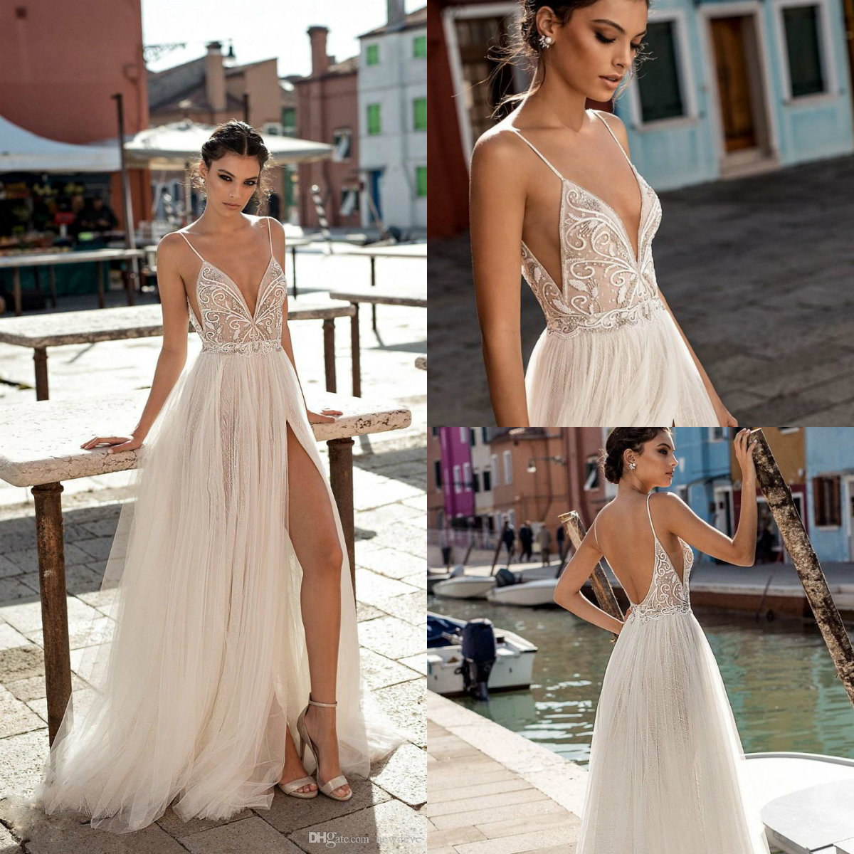 

Gali Karten 2019 Beach Wedding Dresses Side Split Spaghetti Sexy Illusion Boho A-Line Wedding Dresses Pearls Backless Bohemian Bridal Gowns, Pink
