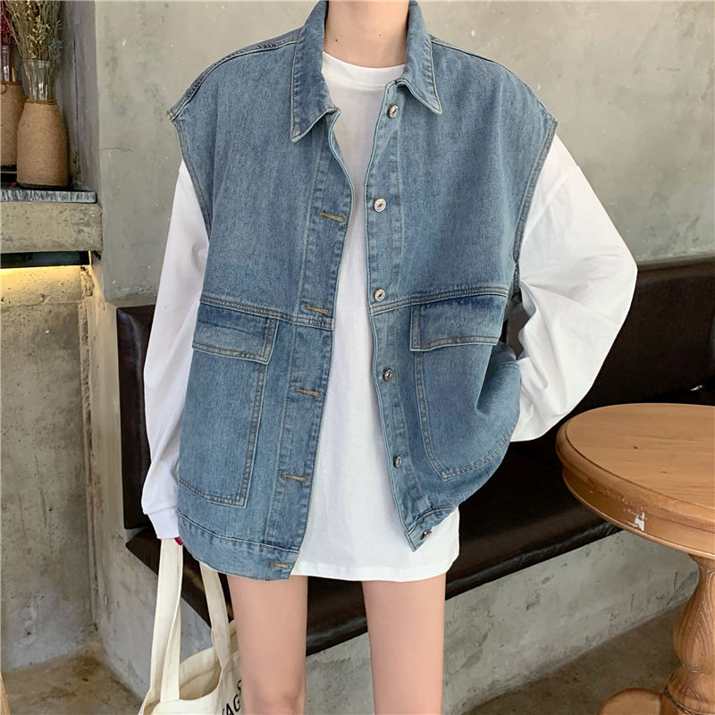 2020 New New Loose Denim Vest Oversize Big Pocket Sleeveless Jean Coat Turn-down Collar Single Breasted Female Waistcoat Outwear