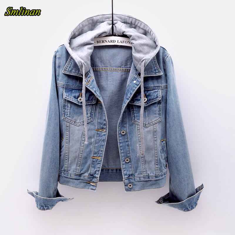 

Smlinan Spring Autumn Harajuku Streetwear Denim Jacket Women Single Breasted Hooded Coat Female Plus Size Vintage Chaqueta Mujer, Navy blue