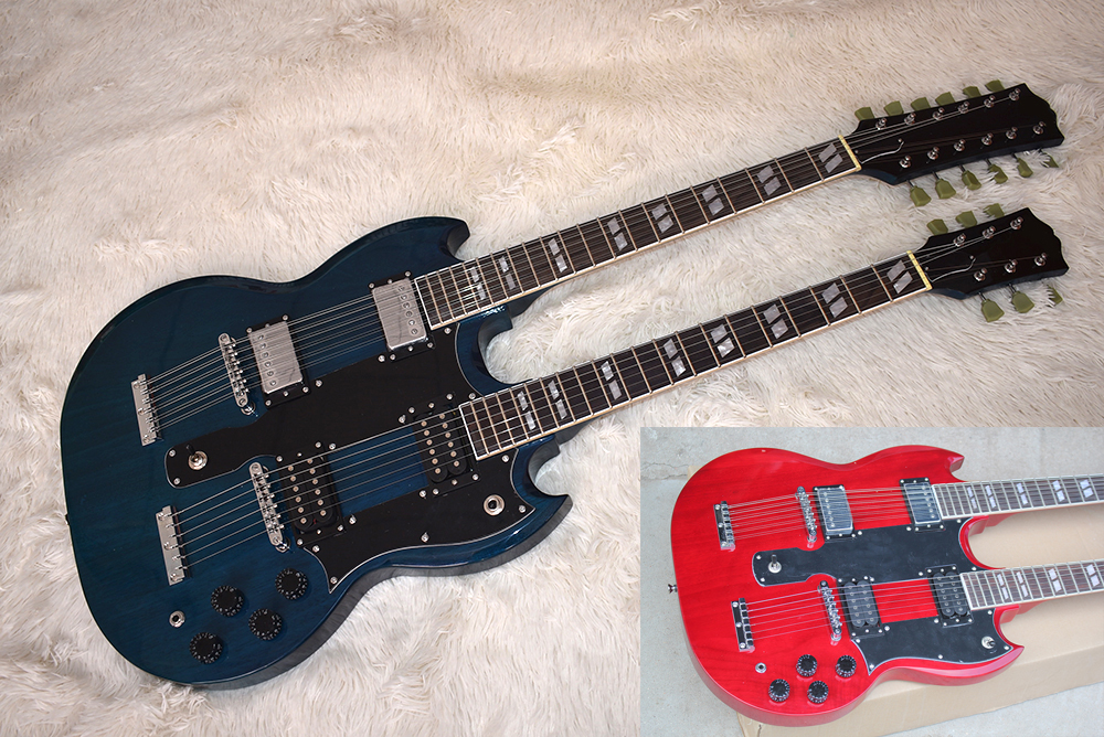 

Factory Double Neck Blue Red Electric Bass and Guitar with 6+12 Strings,Rosewood Fretboard,Chrome Hardware,Can be Customized