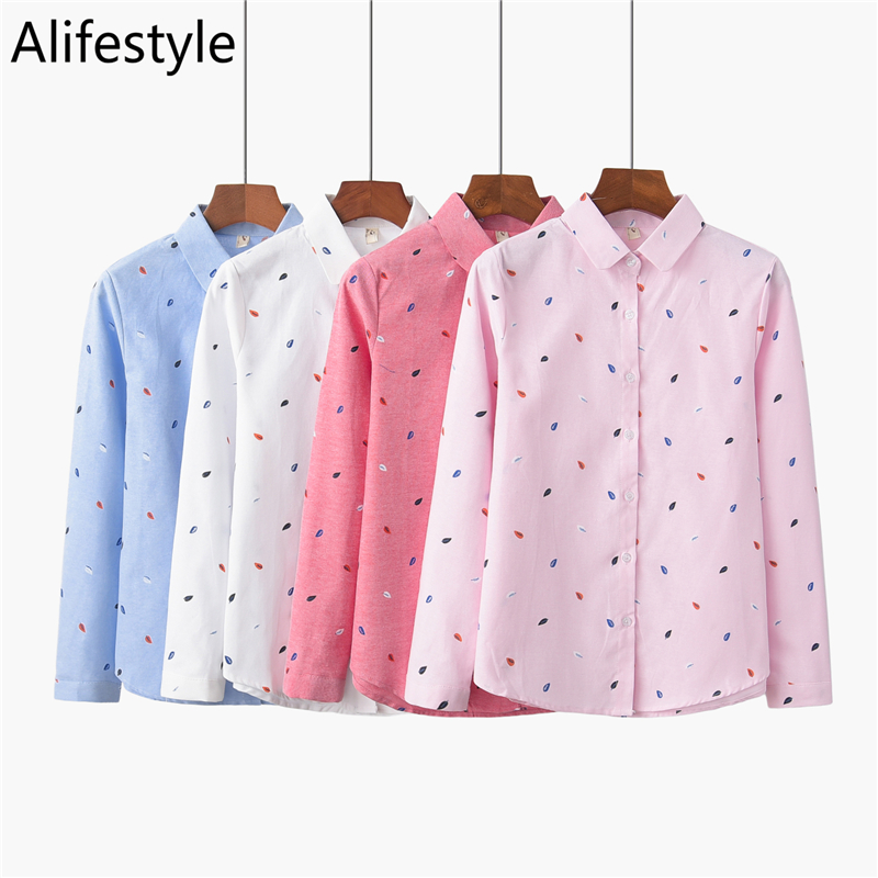 

Women Blouses 2020 New Printing Leaves Female Casual Ladies Tops Long Sleeve Spring/Fall Shirts Cotton Clothes, Blue