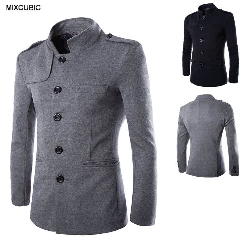 

MIXCUBIC Autumn England style temperament Epaulette stand Collar suit men gray Double slits casual Slim fit suit for men -XXL, Black