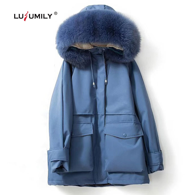 

Lusumily Winter Women' Down Jackets And Coats Big Fur Hooded -20 Degree White Duck Down Thick Parkas Sash Tie Up Snow Outwear