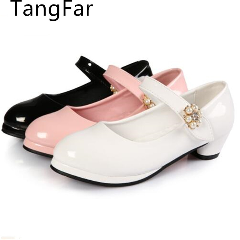 

New Hot Sale Princess Shoes Girls Party Pearl Shoes Shiny Solid Black Color High-heeled Fashion for Kids Size 26-37