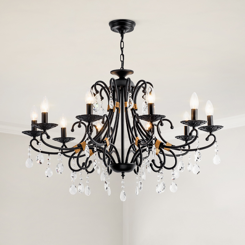 American Crystal Chandelier Ceiling Lighting Luxury Living Room Home Pendant Lamp Country Retro Wrought Iron Chandeliers Bedroom Black Crystal Li-image-469975464