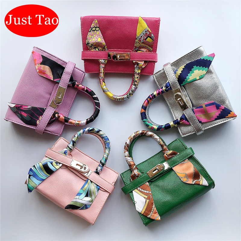 

Just Tao! Childrens classic style handbags with scarf Kids candy colors totes Toddlers mini coin purse small shoulder bag JT003-1, Black