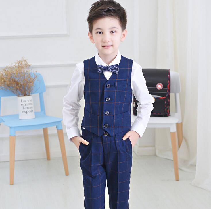

Pants+Vest+Shirt+Bow Tie)Boys Clothes Sets Gentleman Blue Lattice Child Formal Suits Boy Clothing Sets Wedding Suits Outfits
