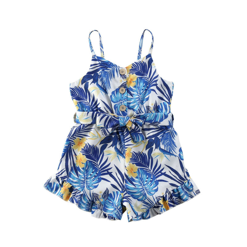 

Toddler Baby Girl Floral Romper Single Breasted Bow Sashes Blue Jumpsuit 1-5Y Girls Floral Rompers Clothing, As pic