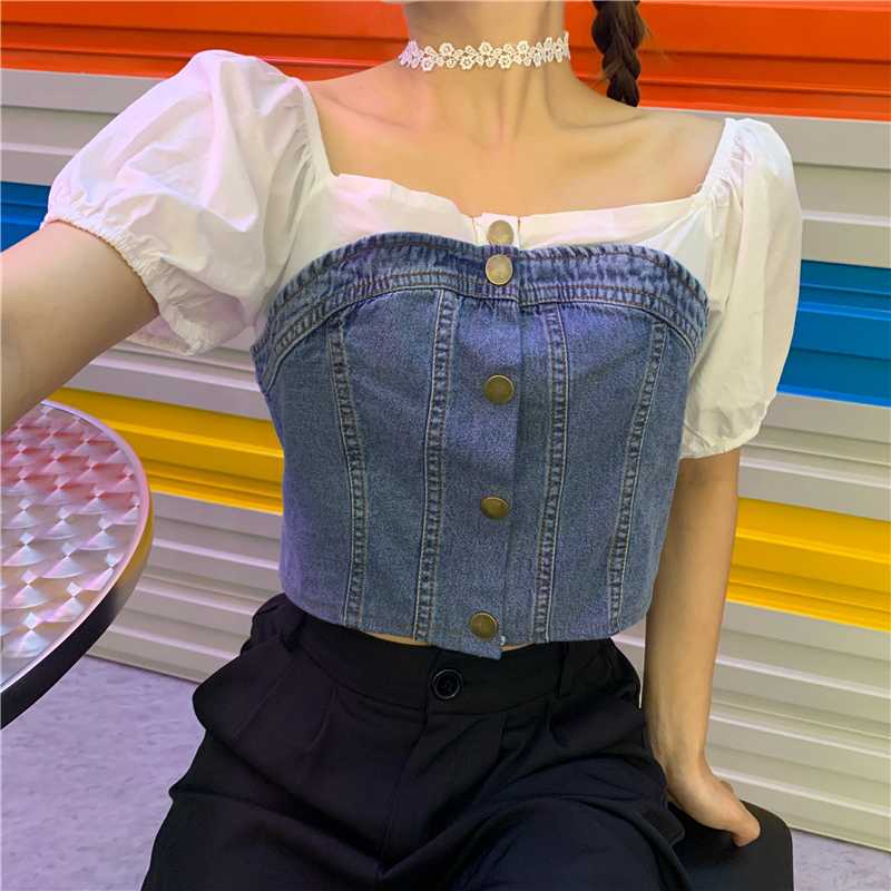 

Puff Sleeve Blue Denim Crop Top Square Collar Blouses Summer Style Women' Clothing Shirts New Korean Clothes Fashion Brand, Tops