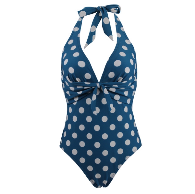 

2020 New Plus Size One Piece Swimwear Blue Polka Dot Swimsuit Women Retro Monokini Sexy Bikinis Backless Bathing Suits