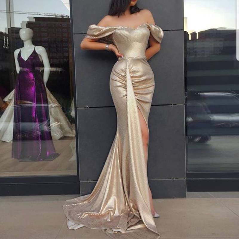 

Off The Shoulder Short Sleeves Mermaid Evening Dress Champagne Gold High Split Sexy Evening Dresses Long Formal Gown YSAN500, As picture