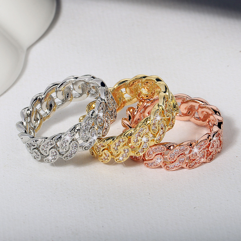 

Cuban Link Rings Hiphop Wedding Party Jewerly Iced Out Cubic Zirconia Fashion Micro Pave Ring For Women Bague femme Wholesale