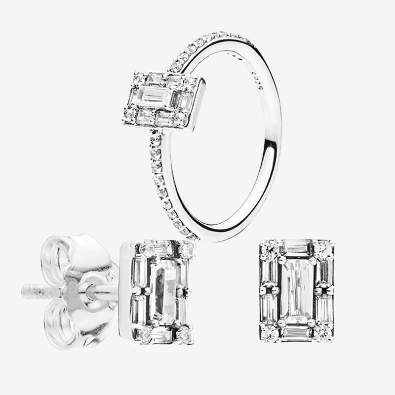 

CZ Diamond Ring & Earring set Wedding Jewelry 925 Silver for Pandora Sparkling Square Halo Stud Earrings Rings with Original box for Women
