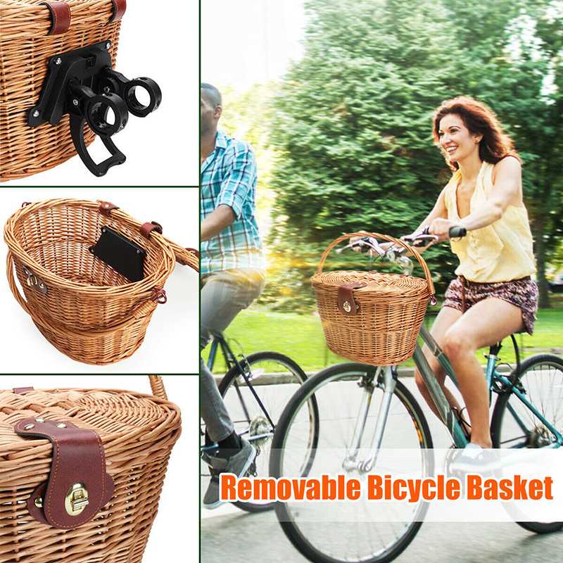 

Bicycle Front Basket Wicker MTB Bike Basket With Cover Handmade Natural Rattan Bike Handlebar Storage Cargo Container