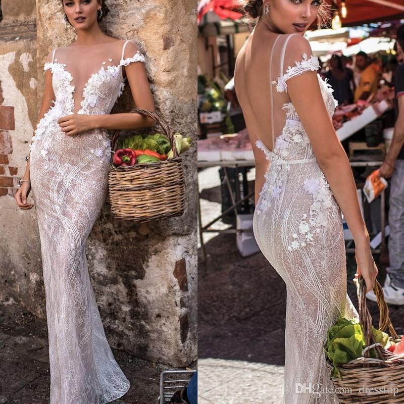 

Berta 2018 Lace Wedding Dresses Backless Sheer Bateau Neck Illusion Bodice Bridal Gowns Floor Length Sexy Beading Mermaid Wedding Dress, Pink