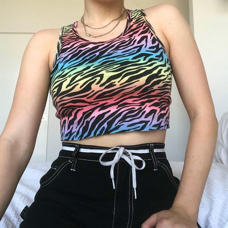

Fashion Tie Dye Zebra Pattern Punk E-girl Sleeveless Tank Tops Summer O-neck Ribbed Crop Tops Vintage Party Vests, As pic