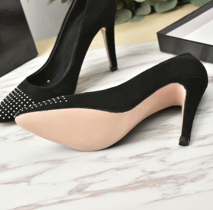 

[Original Box] New Arrival Womens Sexy High Heel Pumps Rivet Pointed Toe 10.5CM Party Wedding Dress Real Leather Sheepskin Slip On Shoes, With brand logo
