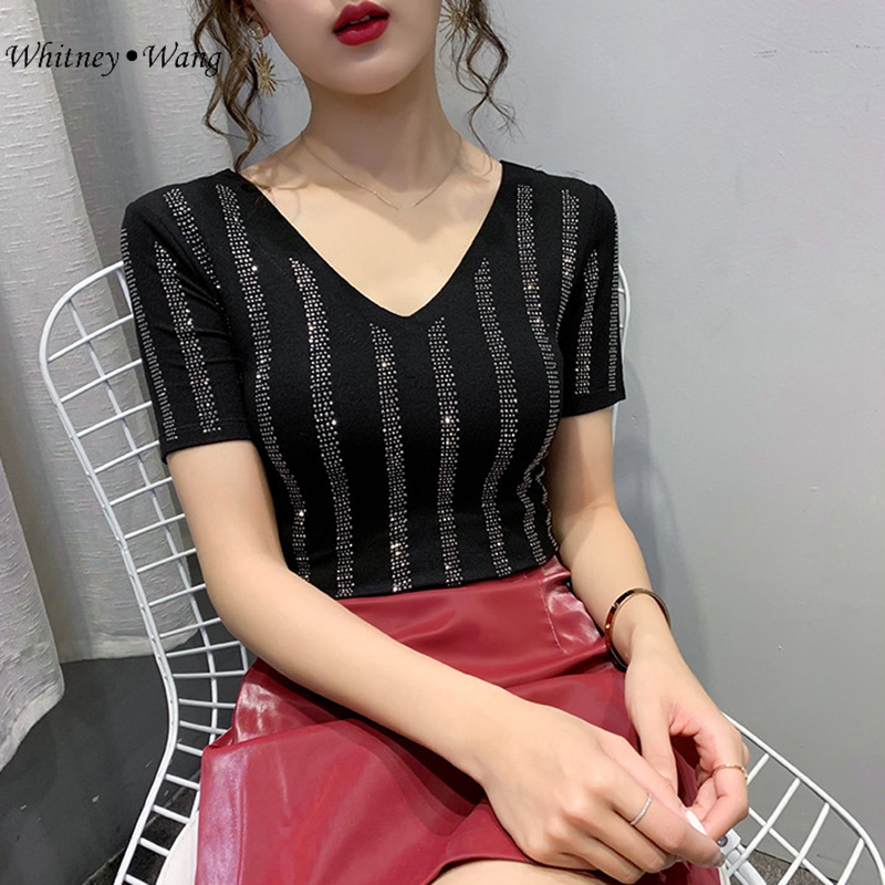 

WHITNEY WANG 2020 Spring Fashion Streetwear Striped Rhinestone Slim Thin T-Shirt Women t shirt Lady Tops, Black