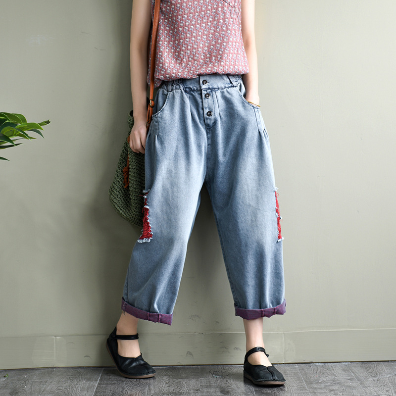 

2020 Summer Jeans Retro Women Elastic Waist Button All-match Denim Pants Ladies New Casual Loose hole All-match Denim Trousers, Figure 1