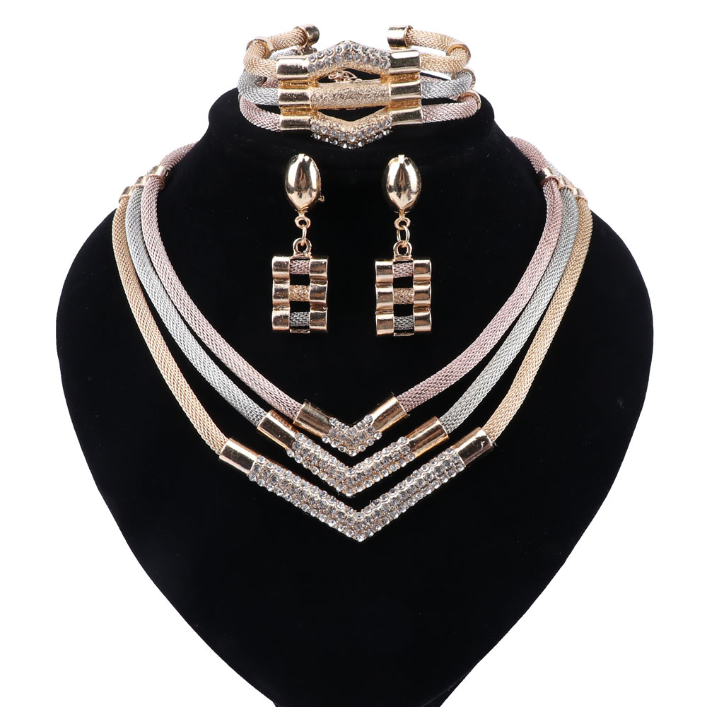 

Mixed Color Pendant Bridal Necklace Earrings Bracelet Ring For Women Jewelry Sets Gold Color Wedding Accessories, Slivery;golden