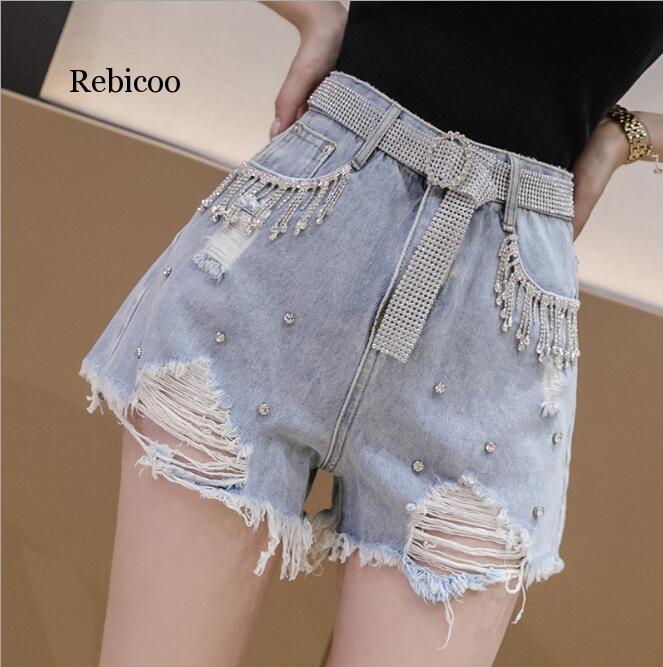 

Good Quality Women Push up High Waist Sashes Denim Shorts New Summer Students Tassel Hole Wide Leg Jeans Shorts Pants WITH BELT