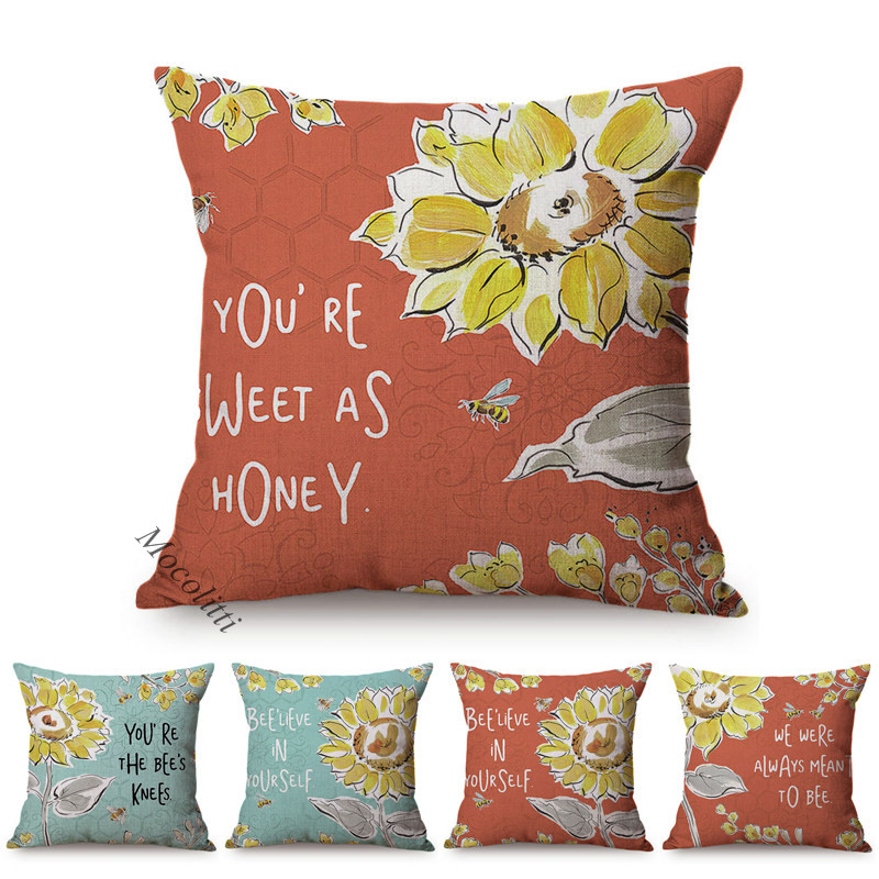 

Sunflower Oil Painting Style Cushion Cover Letter Flower Cotton Linen Sofa Decoration Pillow Case Square Cushions Cover Cojines, M288-4