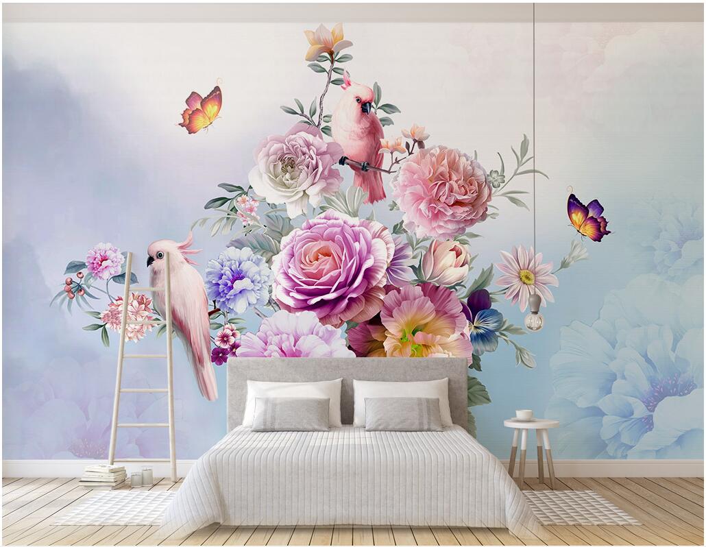 

WDBH custom photo 3d wallpaper Hand drawn vintage rose flower parrot living room home decor 3d wall murals wallpaper for walls 3 d, Non-woven