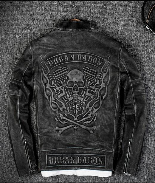 

vintage black 3D Flame skull pattern back men Racing leather jackets 100% genuine leather motorcycle jackets