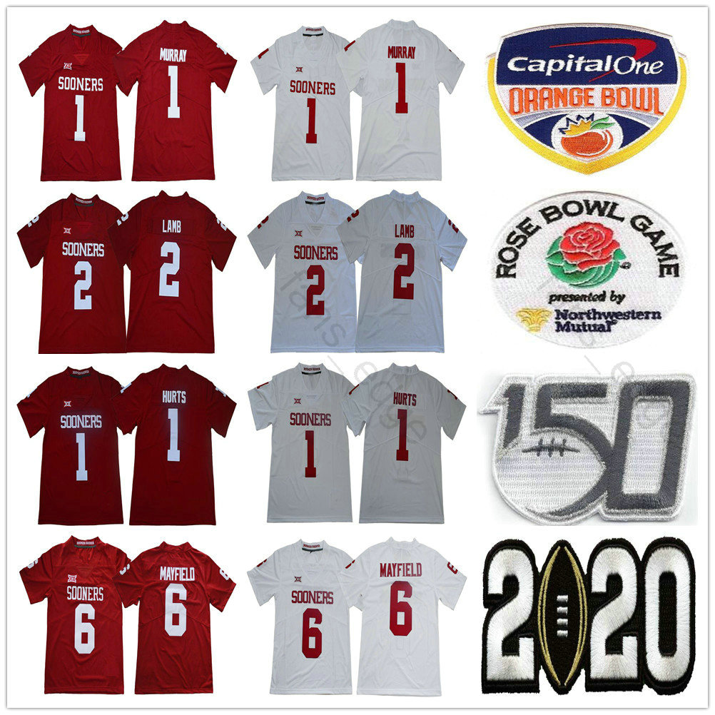 

2020 Peach Bowl 150TH NCAA Oklahoma Sooners College 2 CeeDee Lamb 1 Kyler Murray 6 Baker Mayfield Jalen Hurts Red White Football Jerseys, As picture men sizes