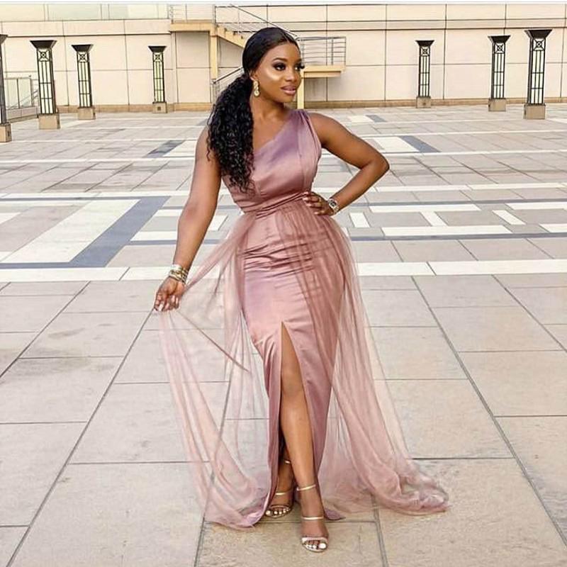 Dusty Rose Rose Mermaid Demoiselle De La demoiselle d'honneur Une épaule Side Flit Plancher Longueur Elastic Satin Mariage Robe d'hôtes Robe de b