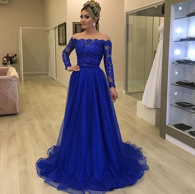 

Off the Shoulder Royal Blue Formal Evening Dresses 2022 Boat Neck A-Line Lace Night Party Dresses Beaded Dot Tulle Prom Gowns, Orange