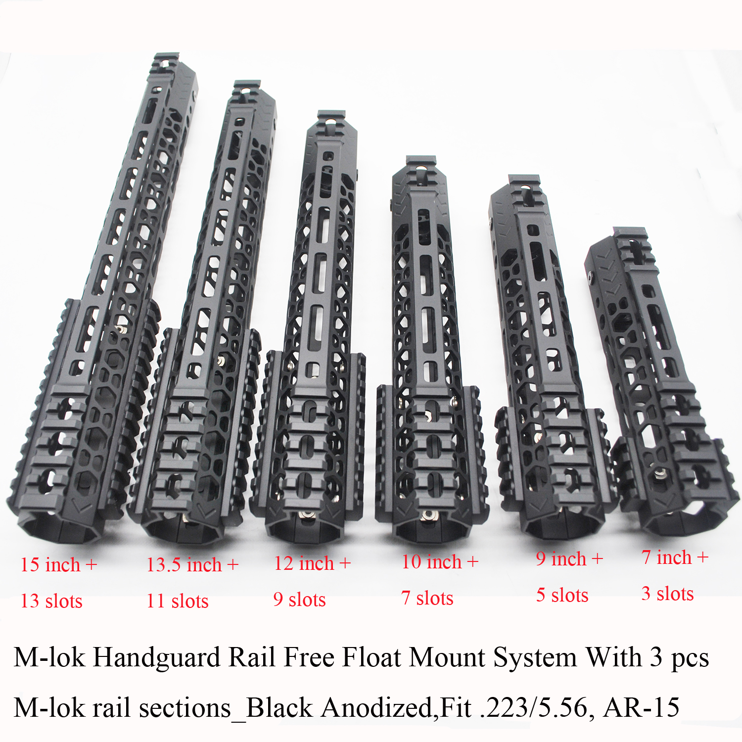 

7/9/10/11/12/13.5/15'' inch M-lok Handguard Rail Ultralight Free Float Mount System with 3 pcs M-lok Rail Sections_Black Color