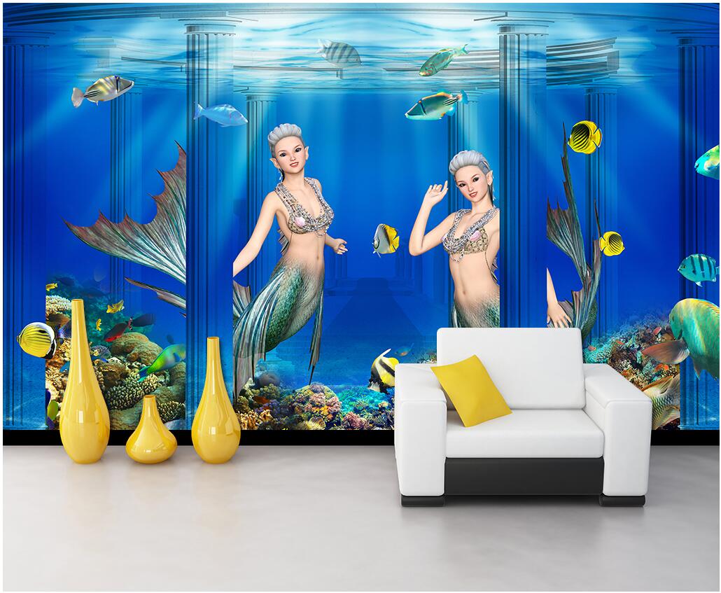 

WDBH 3d wallpaper custom photo Underwater World Palace Mermaid Roman Column home decor living room 3d wall murals wallpaper for walls 3 d, Non-woven wallpaper