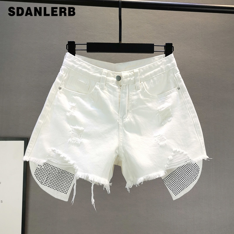 

White Denim Shorts Women 2020 Summer New High Waist Irregular Hot Drilling Holes Hot Pants Fashion Girls Lady's Jean Shorts