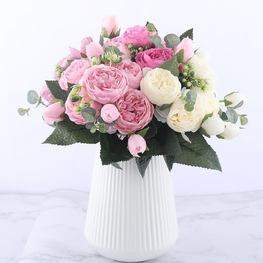 

30cm Rose Pink Silk Peony Artificial Flowers Bouquet 5 Big Head and 4 Bud Fake Flowers for Home Wedding Decoration indoor Holding flowers, Blue