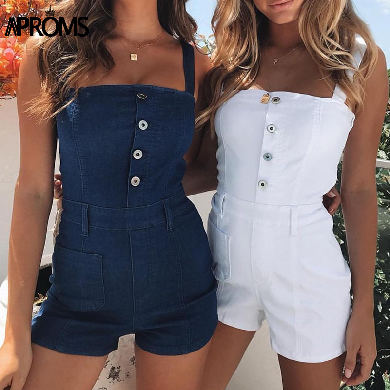 

Aproms Elegant Blue Denim Bodycon Rompers Women Jumpsuit 2019 Summer Sexy Straight Neck Pockets Slim Fit Playsuit Jeans Overalls