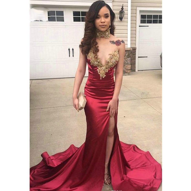 

Africa Red Mermaid Prom Dresses Appliques High Neck Long Sexy Backless Party Dresses vestido de festa, Hunter green