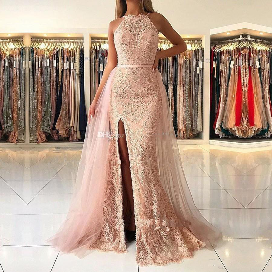 Halter Neck Detachable Train Mermaid Prom Dresses Sexy High Slit Lace Formal Evening Dresses Long Plus Size Party Gowns Pageant Dress