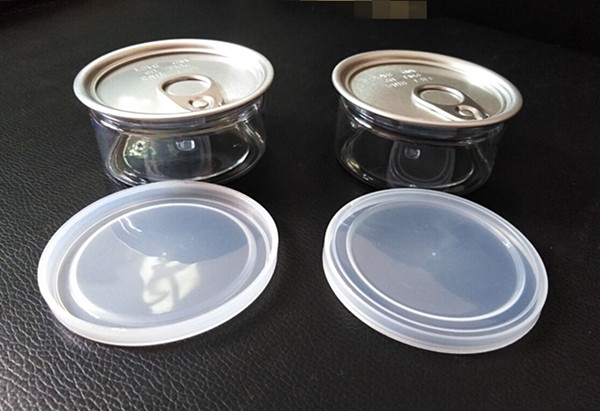 

Newest plastic clear food grade storage container can 100ml dry herb PET easy open end ring pull tab empty fish tuna tin can