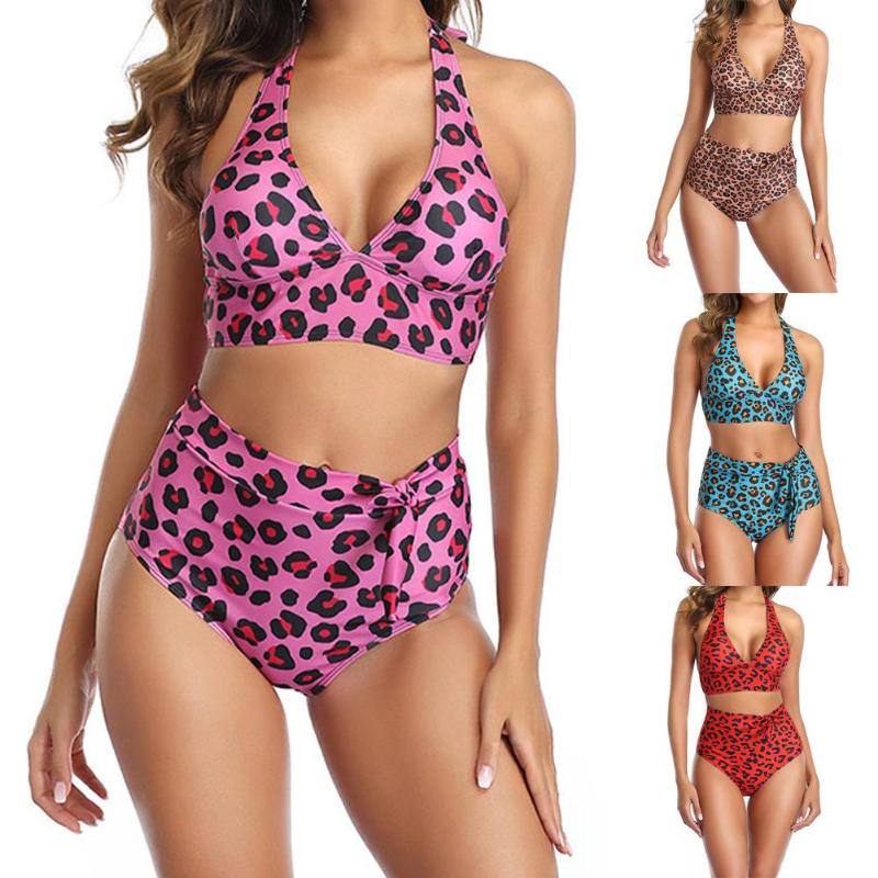 

Women Leopard Print Swimsuit Halter Bra High Waist Briefs Swimwear Bikini Set