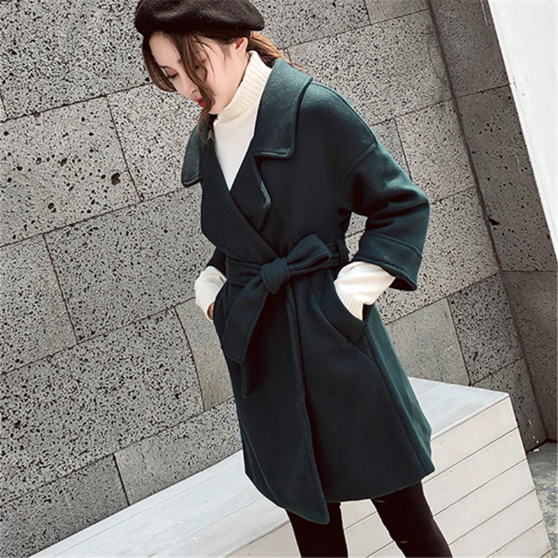 

Outerwear Warm Solid Women Winter Jacket Woolen Coat Wool Coat Turn-Down Collar Mid-Long Female Windbreake 2019 New All Match, Dark green