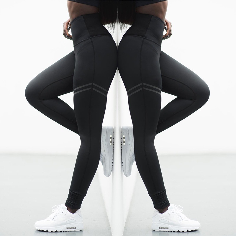 

2020 New Style Double Stripes HIgh Waist Yoga Pants Seamless Elastic Sport Fitness Pants Sexy Seamless Running Exercise Leggings, Black