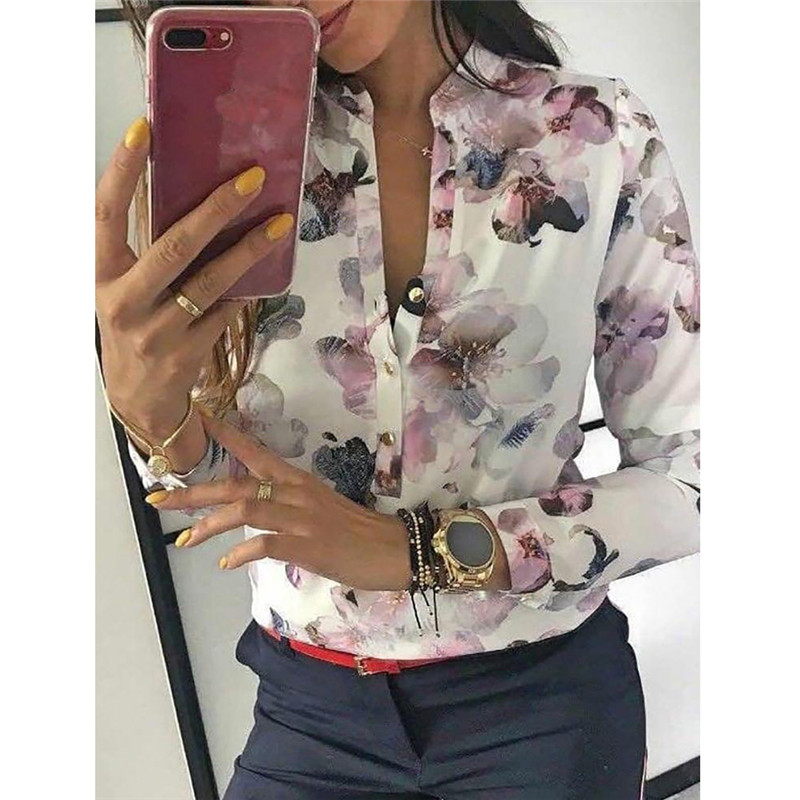 

Fashion Summer Floral Print Women Ladies Casual Long Sleeve O-Neck Slim Top Shirts Blouses, As pic