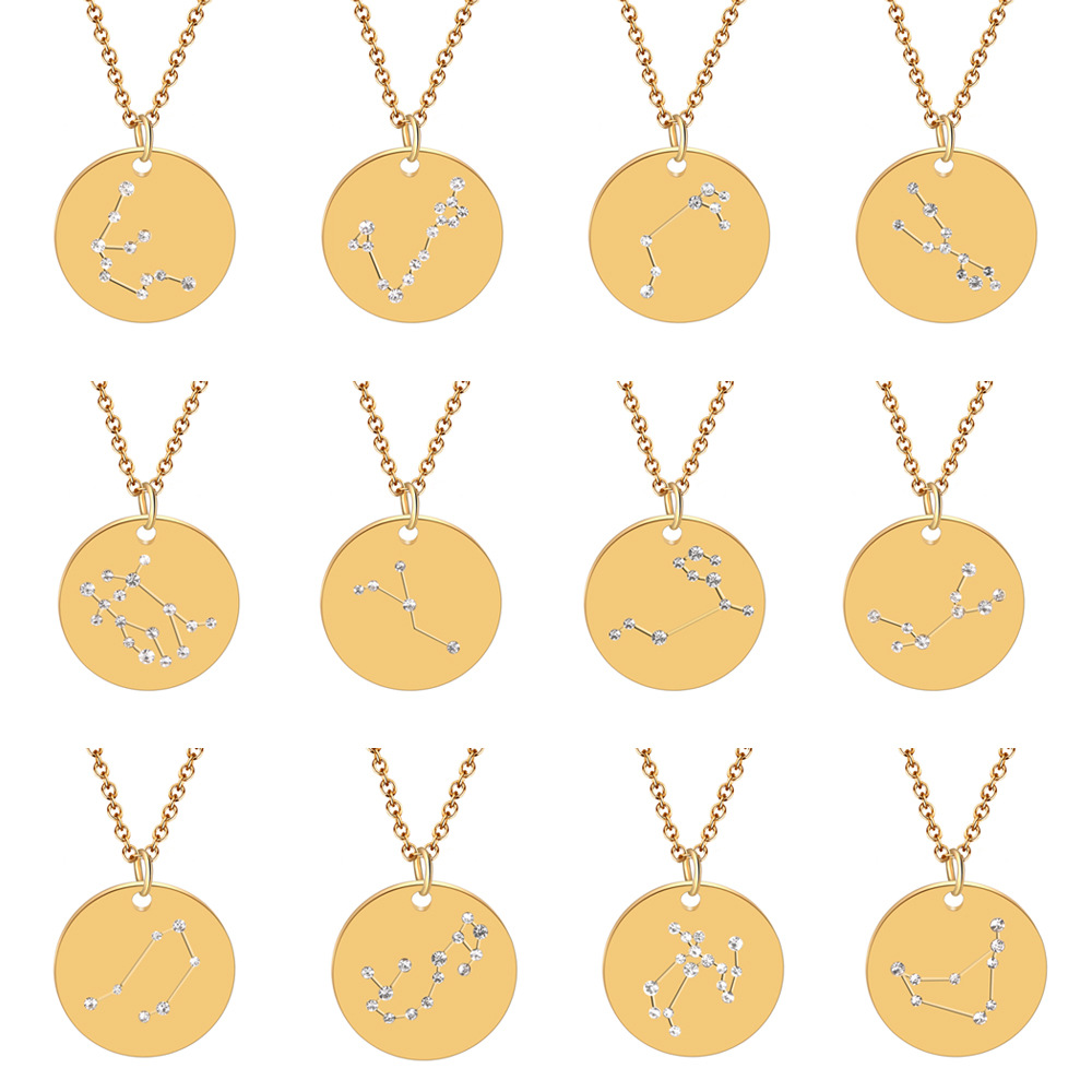 12 Zodiac Constellations Collier Or pour Fille En Acier Inoxydable 20mm Disque Cristal Incrusté Zodiac Collier Bijoux Personnalisés Drop Shipping