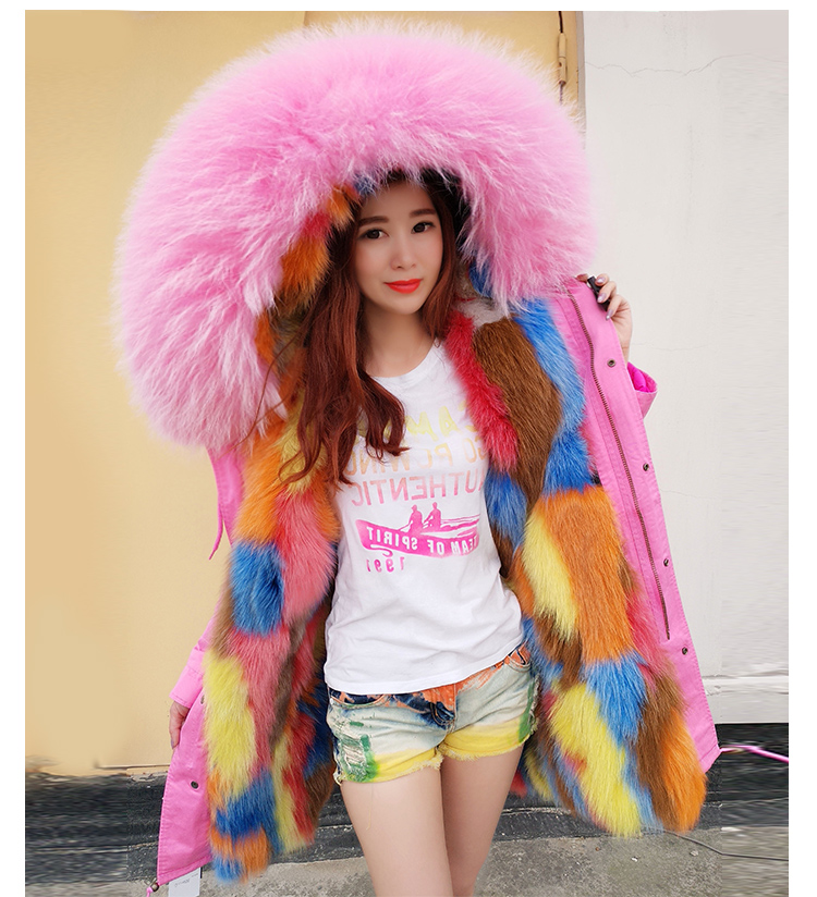 

maomaokong brand women snow coats Rainbow multicolour fox fur jackets Lavish pink raccoon fur trim 100% real fox fur lining pink long parkas, Choose the model