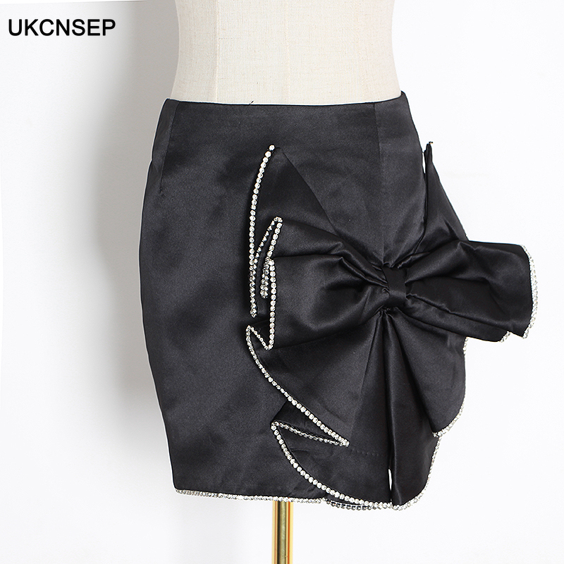 

UKCNSEP 2020 Spring Fashion New Patchwork Bow knot Diamond Women' Skirts High Waist Asymmetrical Elegant Skirt Female, Black