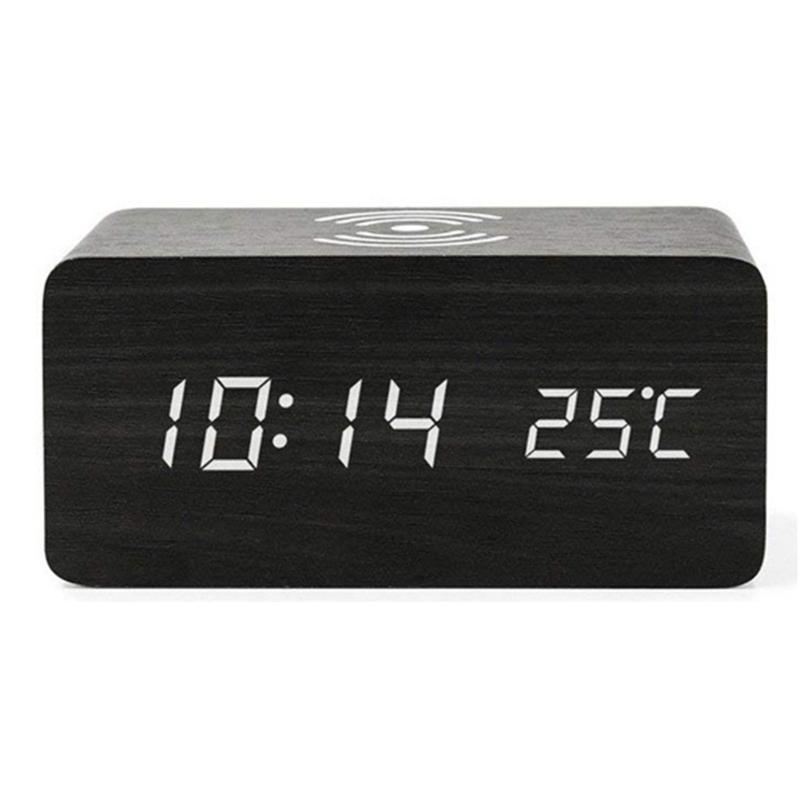 

Wooden Clock Led Modern Multifunction Voice Control Dual Power Alarm Rectangle Desk Home USB Qi Wireless Charger Digital Display