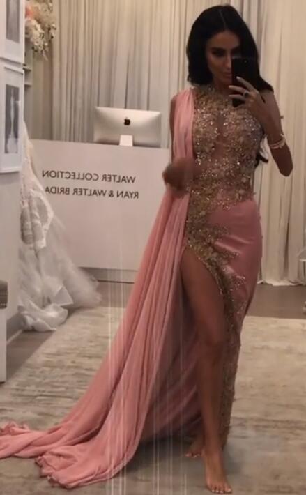 

2020 Arabic Aso Ebi Pink Lace Beaded Evening Dresses Lace Beaded Prom Dresses High Split Formal Party Second Reception Gowns ZJ355, Red