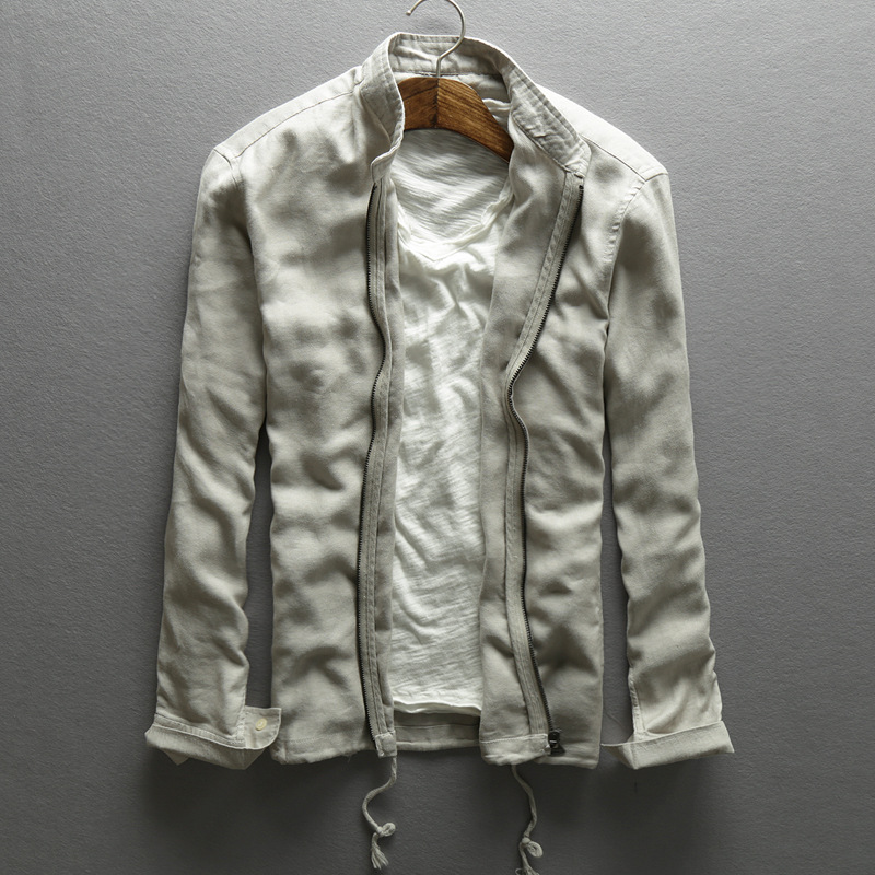 

linen men' autumn Mandarin collar slim casual beige gray Dark blue thin outerwear for men solid jacket